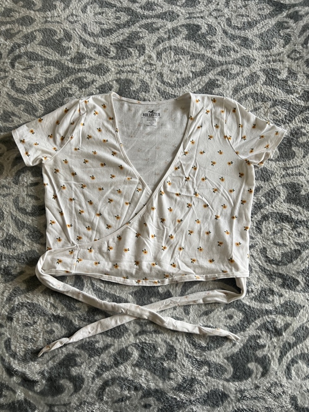 Hollister White Wrap Crop Top with Yellow Floral Print
